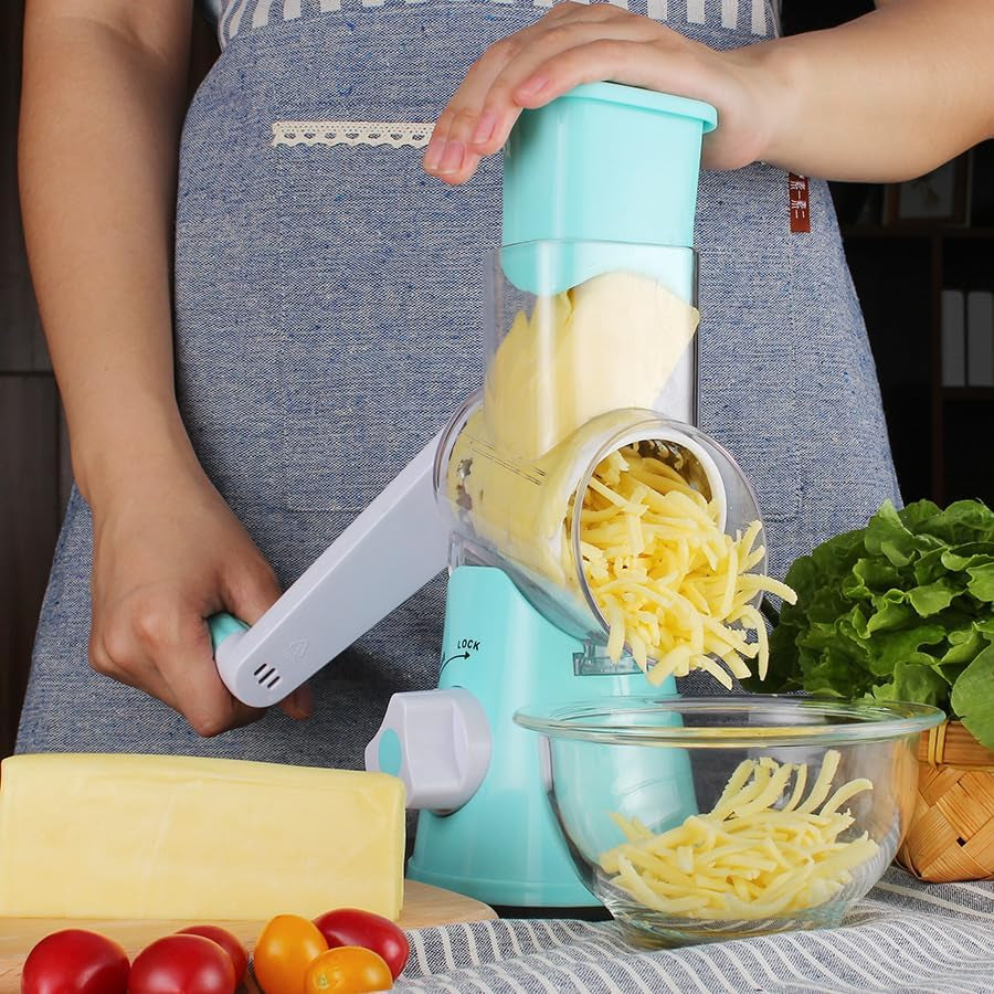 Rotary Cheese Grater Shredder, Speed Kitchen Manual round Mandolin Slicer Grinder for Potato Hash Brown, Vegetable, Walnut, Nut, Carrot Garlic, Chocolate, Radish with 3 Drum Blades, Blue